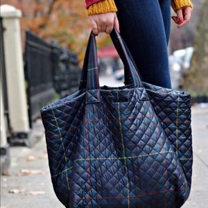 EUC MZ Wallace Navy Plaid Large Metro Oxford Nylon Tote